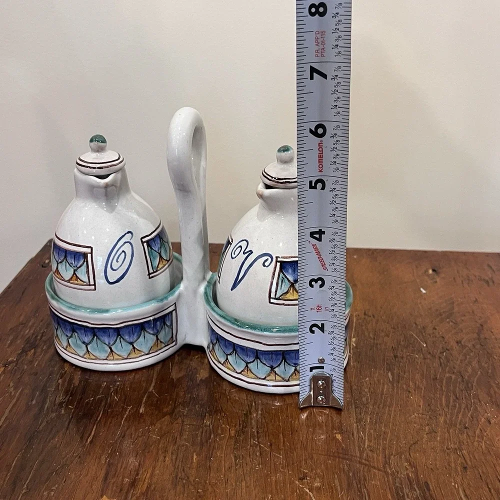 Colorful Pair Oil Vinegar Cruet Set w/ Caddy Hand Painted Made‎ in Italy